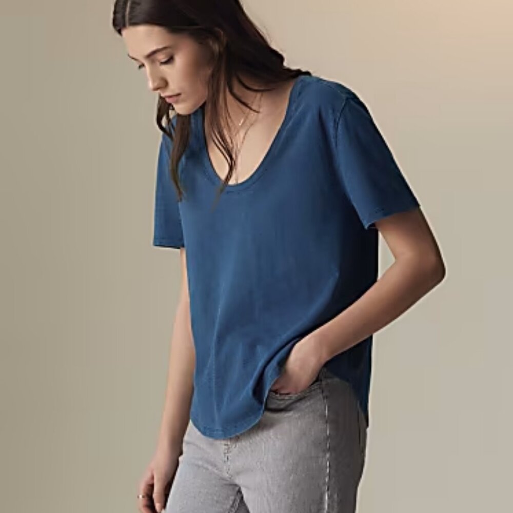 M&S Per Una Pure Cotton Scoop Neck T-Shirt in Indigo, UK size 10